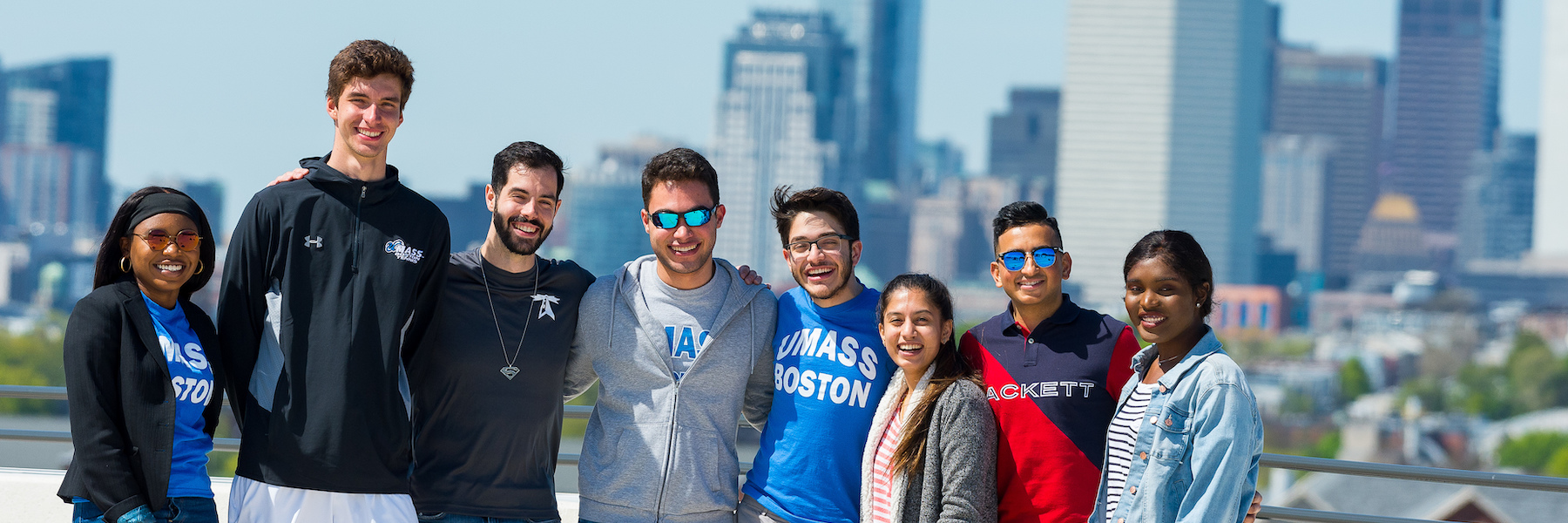 International students in front of Boston skyline