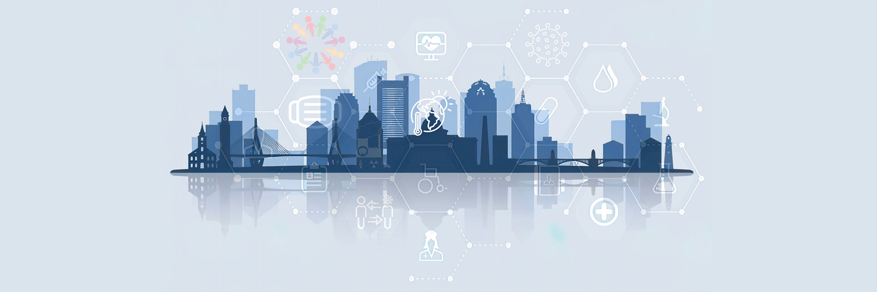 conceptual image of boston skyline silhoutte with health icons overlay