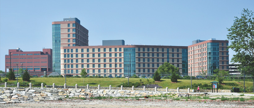 The completed residence hall, seen from the water