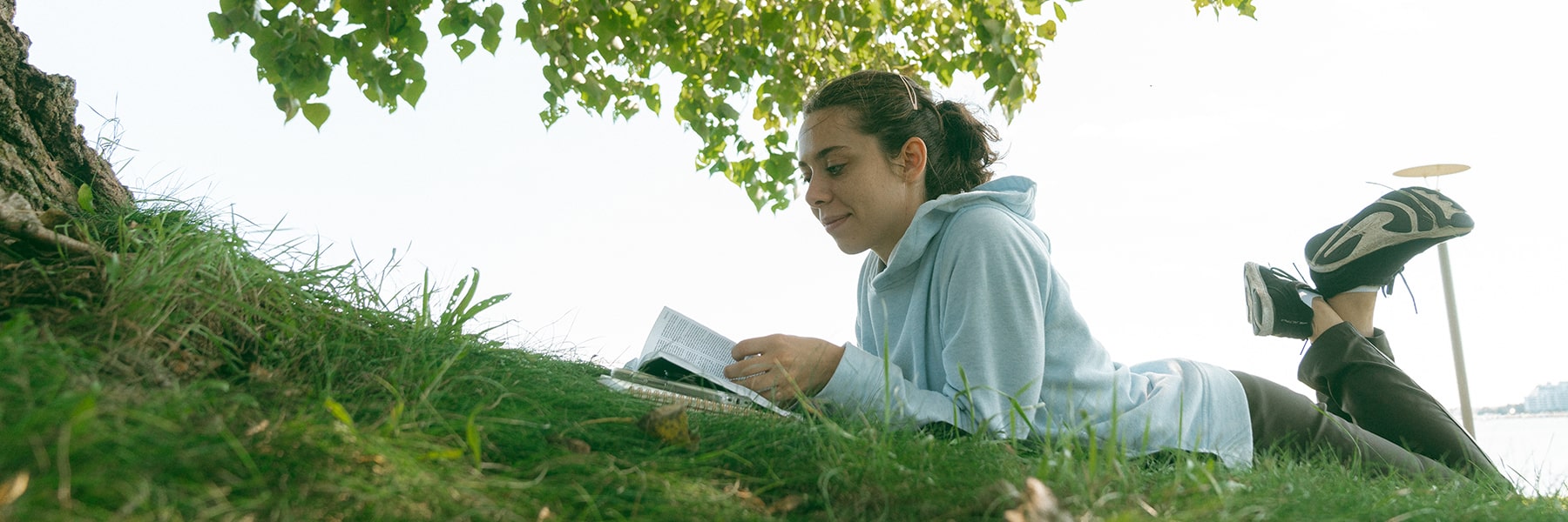 Student reads book under a tree.