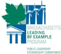 Leading by example logo- leaf, building, wind turbine