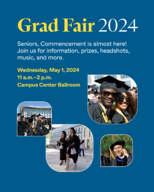 Flyer with information about Grad Fair 2024 for Graduating Students on May 1, 2024