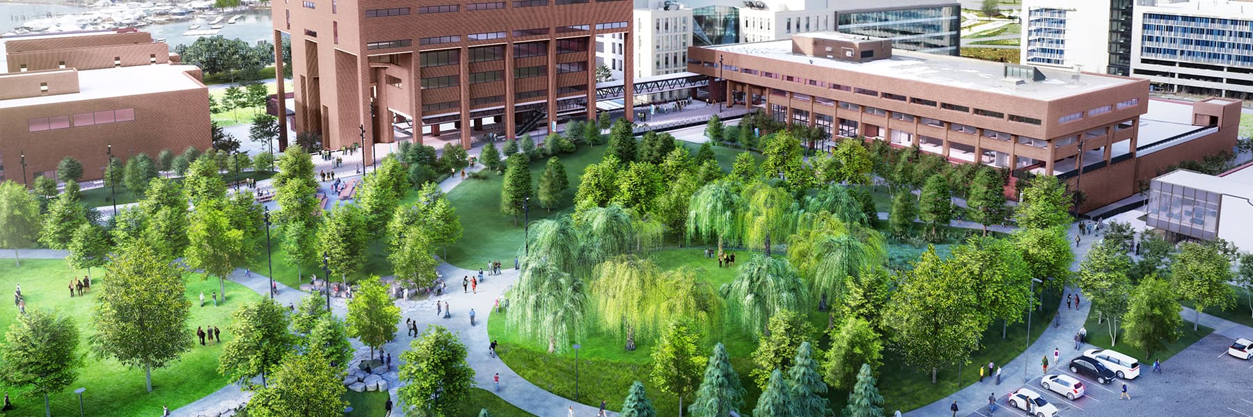 Campus Rendering aerial view showing new quad with greenery.