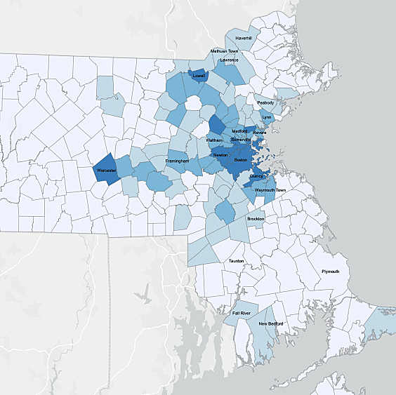 Census data map shows Asian Amercians in Massachusetts.