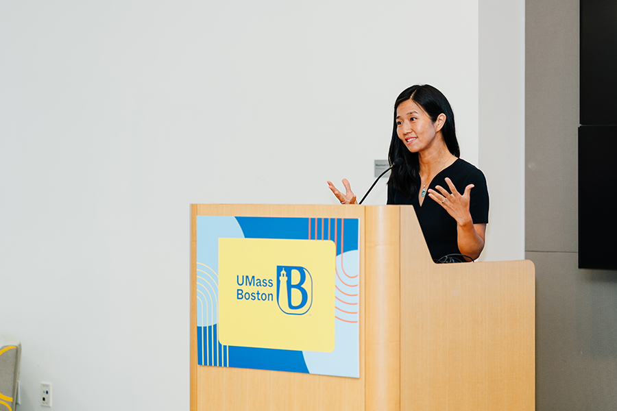 Mayor Wu speaks at UMass Boston