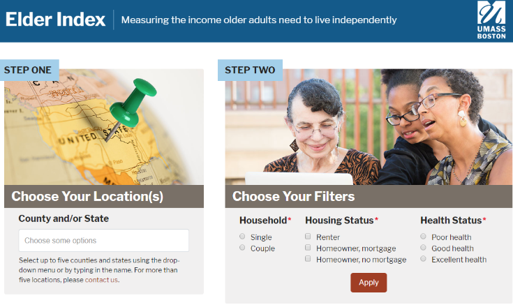 instructional graphic of step 1: choose your location and  and step 2: choose your filters on the  elderindex.org landing page