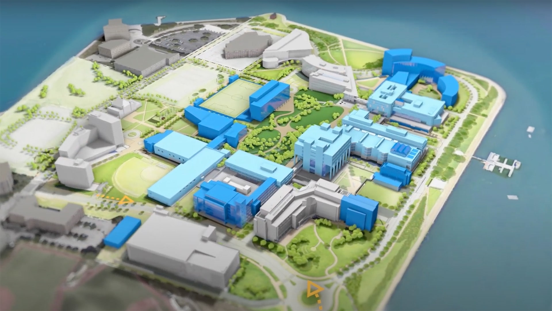A rendering of the campus showing new building and pathways