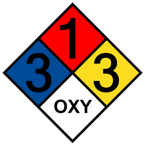 symbol - diamond shaped symbol with 4 boxes in 4 colors:  1:red, 3:yellow and blue and  and white: OXY
