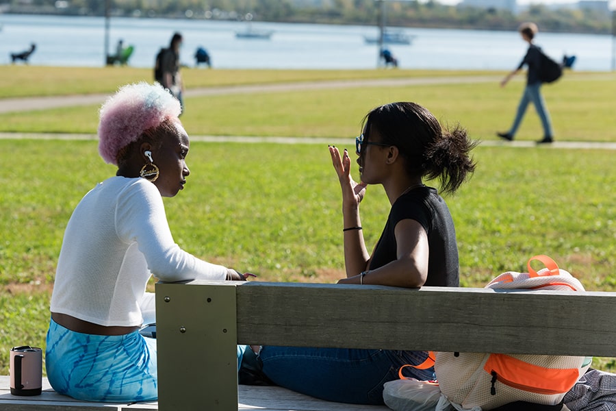 girls chat on school bench campus circle