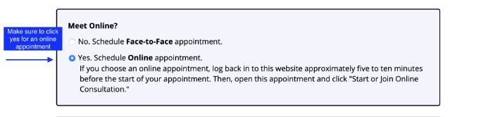 A screenshot demonstrating where to click “Yes. Schedule an online appointment”