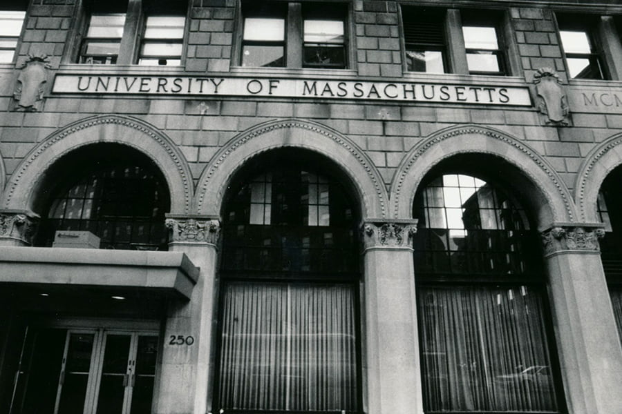 Black and white photo of the historic Park Square Campus of UMass Boston before moving to current location.