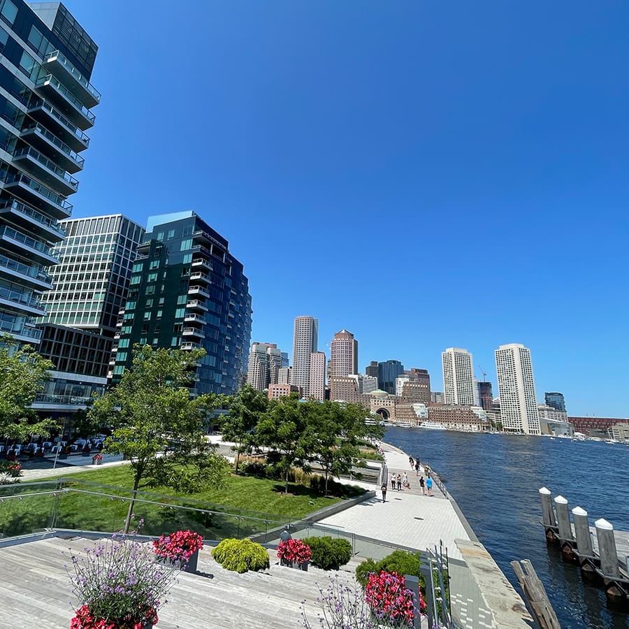 view of Boston skyline from Seaport District.