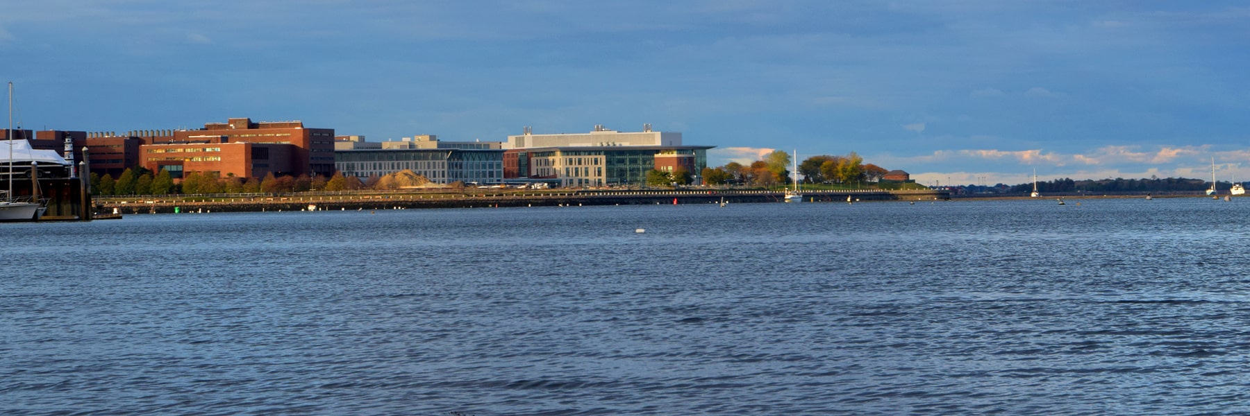view of UMass Boston campus from Boston Harbor