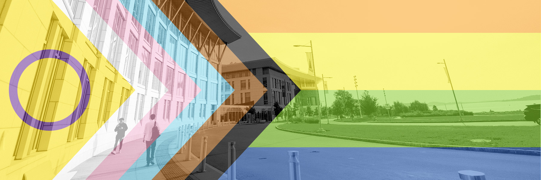Photo illustration of UMass Boston's Campus Center and University Hall with an updated Pride flag overlay