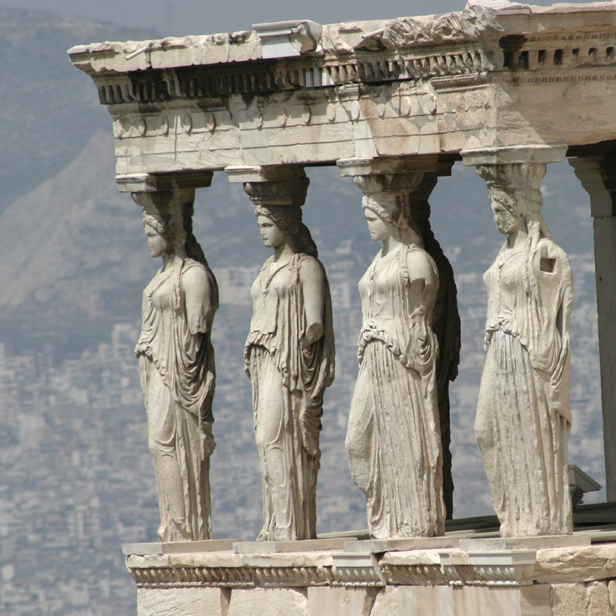 Greek tempe with close ups of pillars shaped like women.