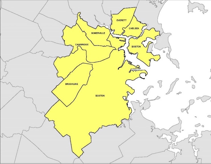 Map of communities within 5 miles of downtown Boston
