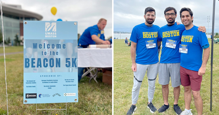 (left) Beacon 5K welcome sign; (right) Three alumni wearing matching beacon 5k t-shirts 