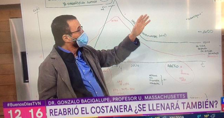 Gonzalo Bacigalupe explains an aspect of the COVD-19 pandemic on CNN Chile.