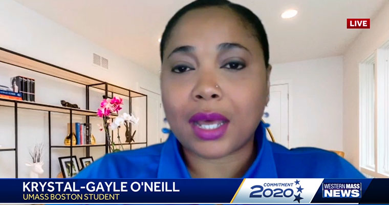 Krystle-Gayle O'Neill appeared on screen during the debate to ask candidates a question.