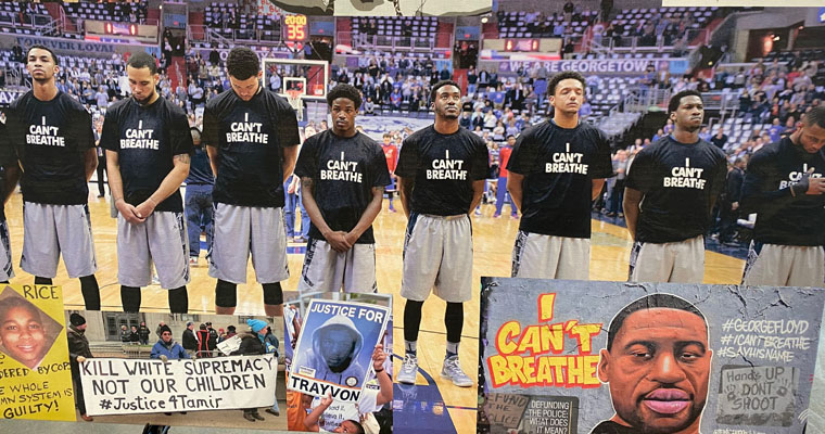 Image of NBA players wearing I Can't Breathe shirts.