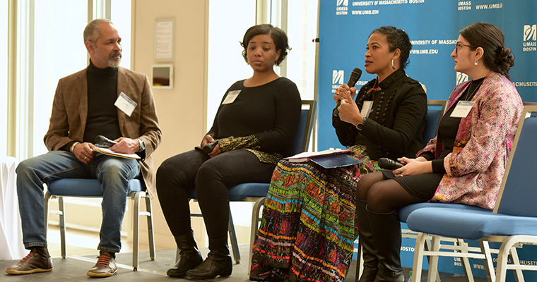 Yawu Miller, student Shamia Hicks, Associate Professor Ping-Ann Addo, and doctoral student Bianca Ortiz-Wythe participate in a panel. 
