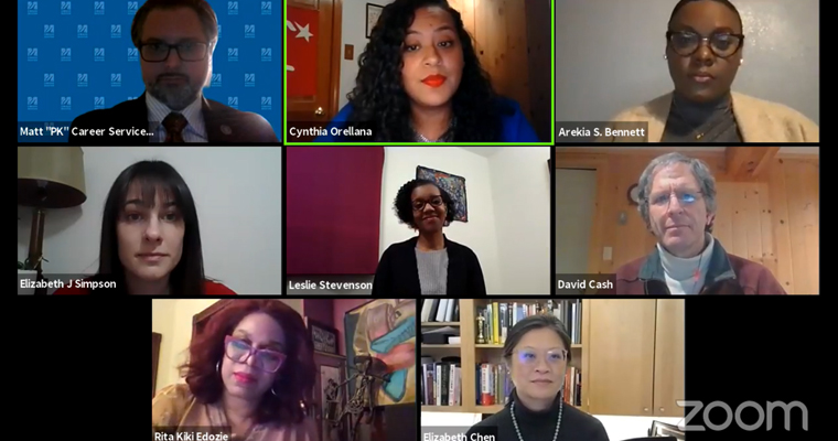 Elizabeth Chen ’14 ’16, and Leslie Stevenson ‘16, speak on Zoom with UMass Boston students.