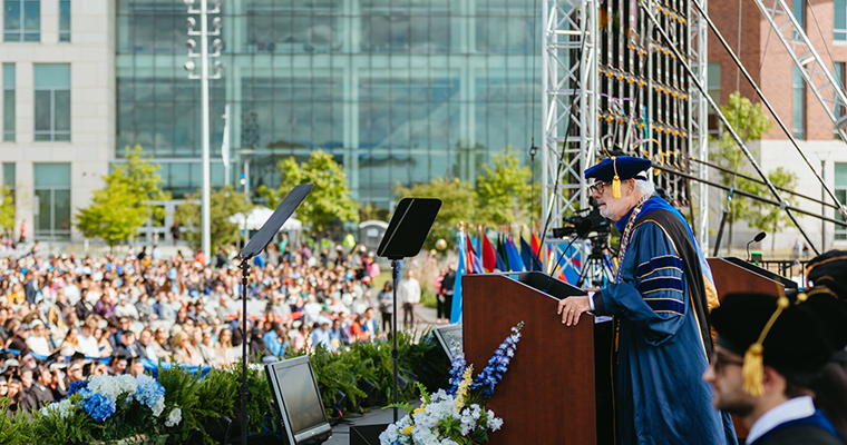 Chancellor speaks to the crowd at commencement 