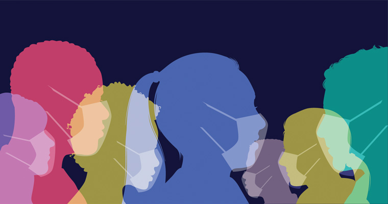 Colorful silhouettes of people wearing protective face masks against infection