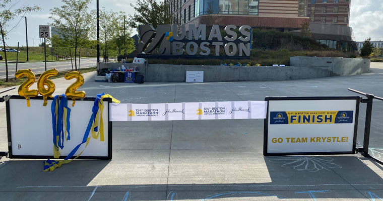 A finish line set up on the UMass Boston campus