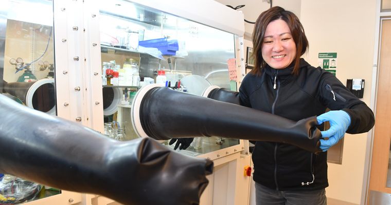 Assistant Professor of Chemistry Niya Sa puts her hand in the oxygen-free Glove Box she uses for her battery research. 