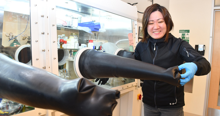 Assistant Professor of Chemistry Niya Sa puts her hand in the oxygen-free Glove Box she uses for her battery research.