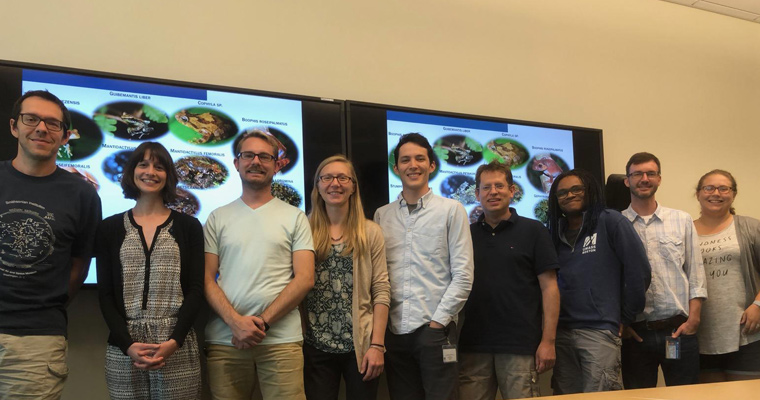 Some of the authors of a new paper in Genome Biology, including Assistant Professor of Biology Douglas Woodhams (far right) 