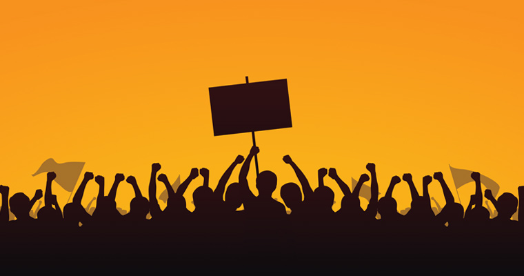 Illustration of workers holding up protest signs at a rally