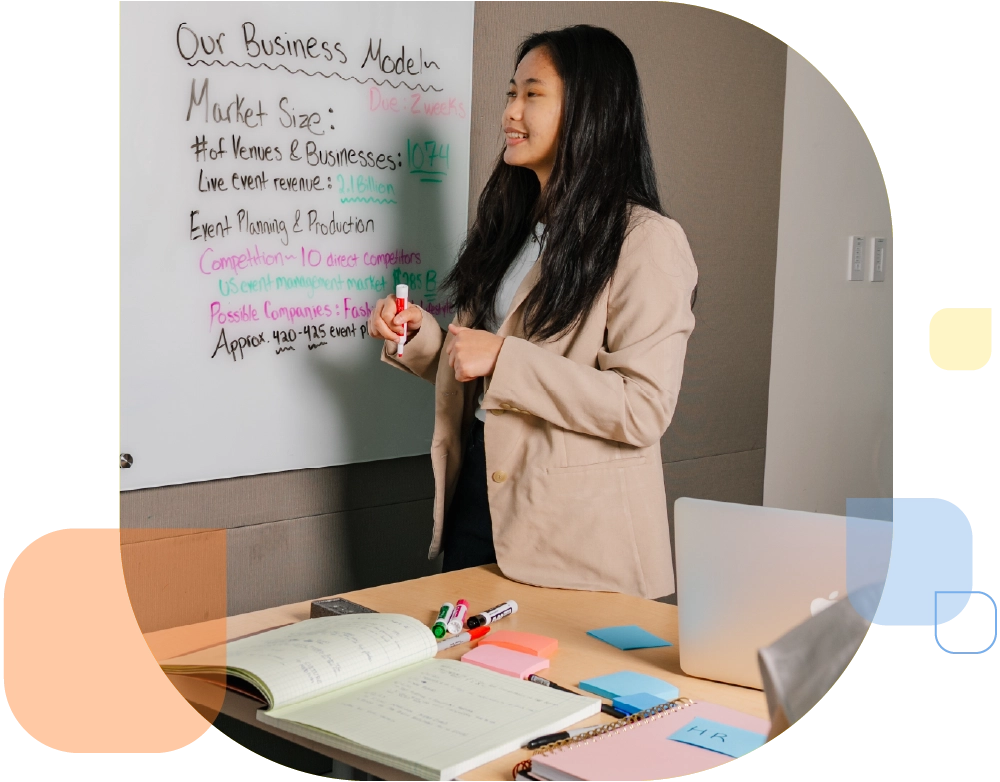 students at white board in ISC writing on board reads Timeline with list for planning and budgeting and to the right, Our Business Model Market size, # of venues & businesses etc.