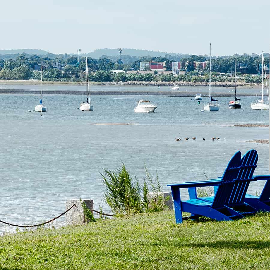Blue lawn chairs facing the harbor.