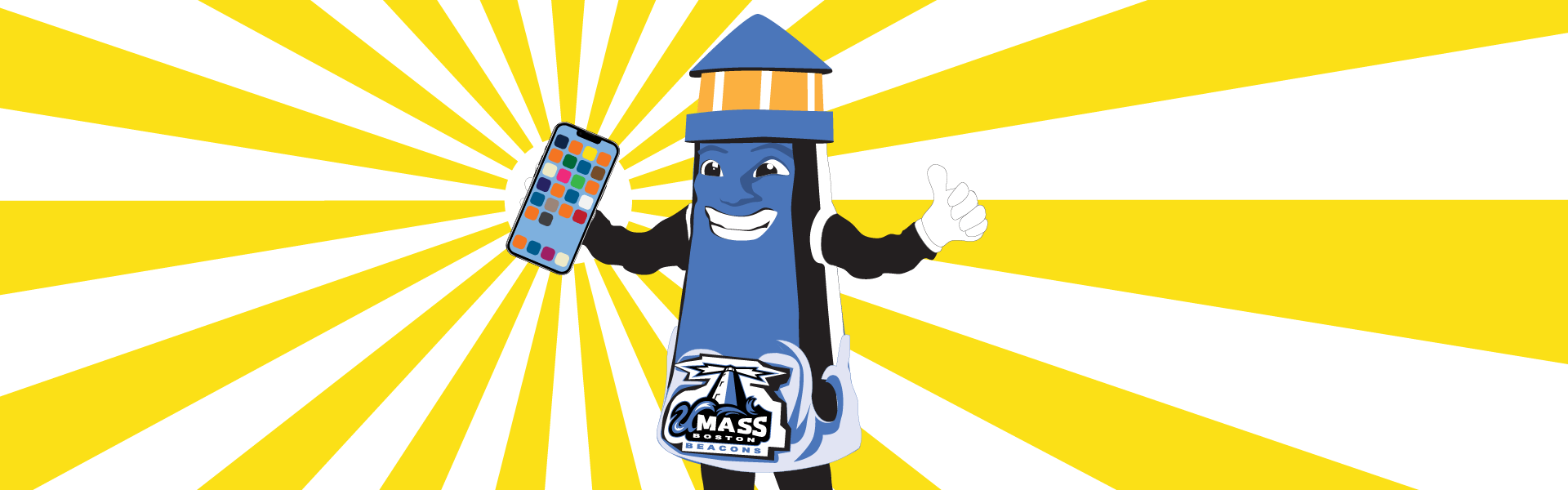 graphic mascot of the Beacons lighthouse holds up a phone with rays in background.