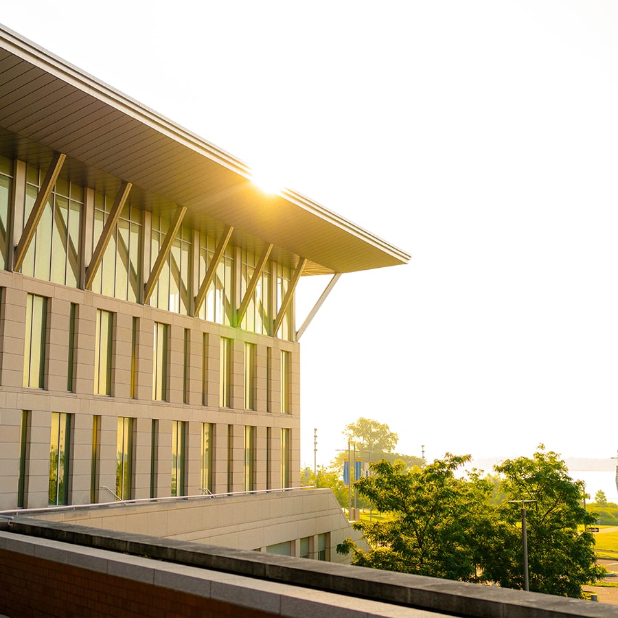 Sun shines on roof of the Campus Center.