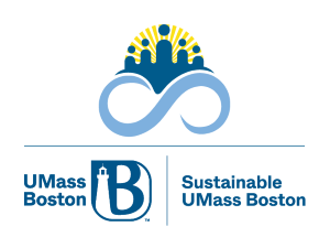 a yellow ray sun has people that also appear like buildings over an infinity symbol that also represents the water of our campus. Sustainable UMass Boston is written underneath