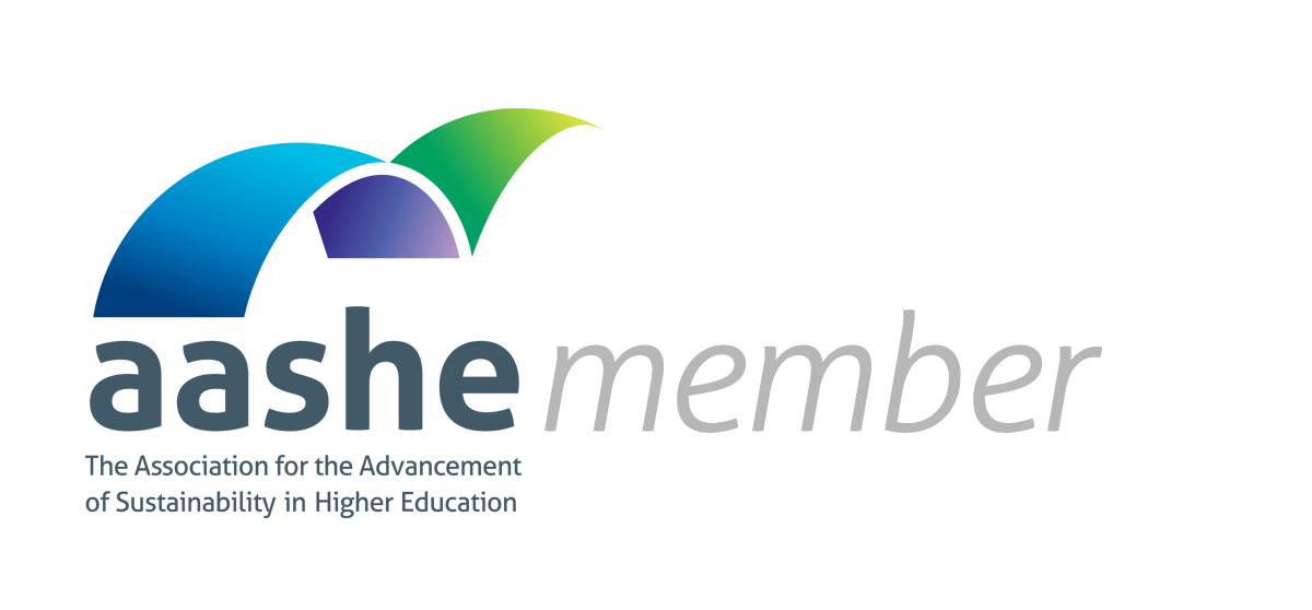 AASHE Member Logo The Association for the Advancement of of Sustainability in Higher Education, as purple and blue image looking like a bridge to the future