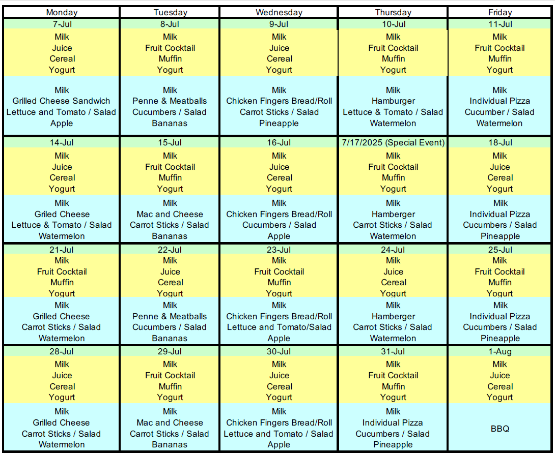 Camp Shriver 2025 Menu