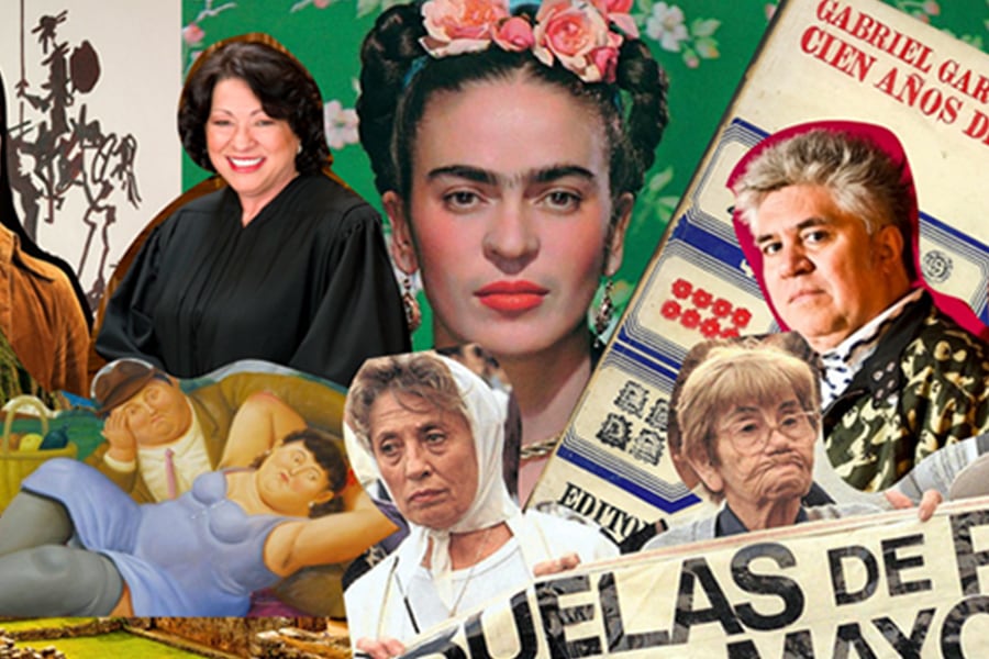 Art collage of famous people who speak Spanish.