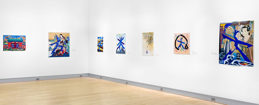 exhibition view of colorful paintings hung on a gallery wall, artist Li Wang (UMB ‘18), entitled Crossing the Centuries, from 2018 at the University Hall Gallery