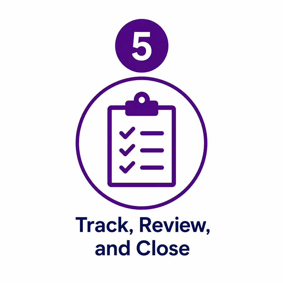 Step 5: Track, Review, and Close. Checklist icon representing ongoing tracking, review, and closure of the exception.