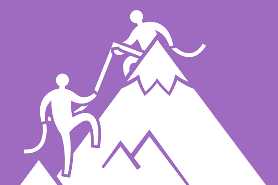 Two people are climbing a mountain as the one at the top guides the other with a rope
