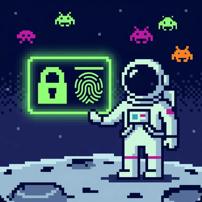 Pixel-art astronaut on the moon holding a glowing screen with a padlock and fingerprint, surrounded by colorful arcade-style aliens to represent cybersecurity and identity protection.