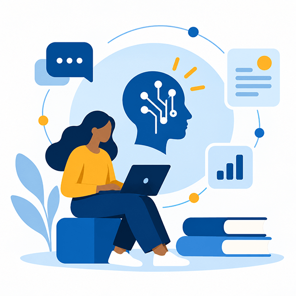 Abstract illustration of a person using a laptop, surrounded by symbols for AI, communication, data, and learning.
