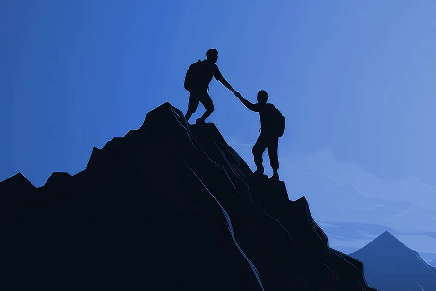Two people help each other to top of mountain graphic.
