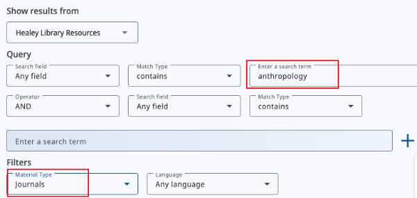 Advanced Search page showing search fields with “anthropology” entered as the search term and “Journals” selected as the material type, both highlighted in red.