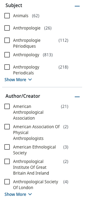 Search results filter panel showing Subject and Author/Creator filters