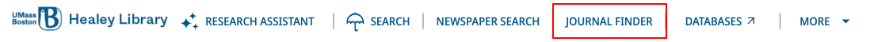 UMBrella navigation bar showing Research Assistant, Search, Newspaper Search, Journal Finder, Databases, and More, with “Journal Finder” highlighted in red.